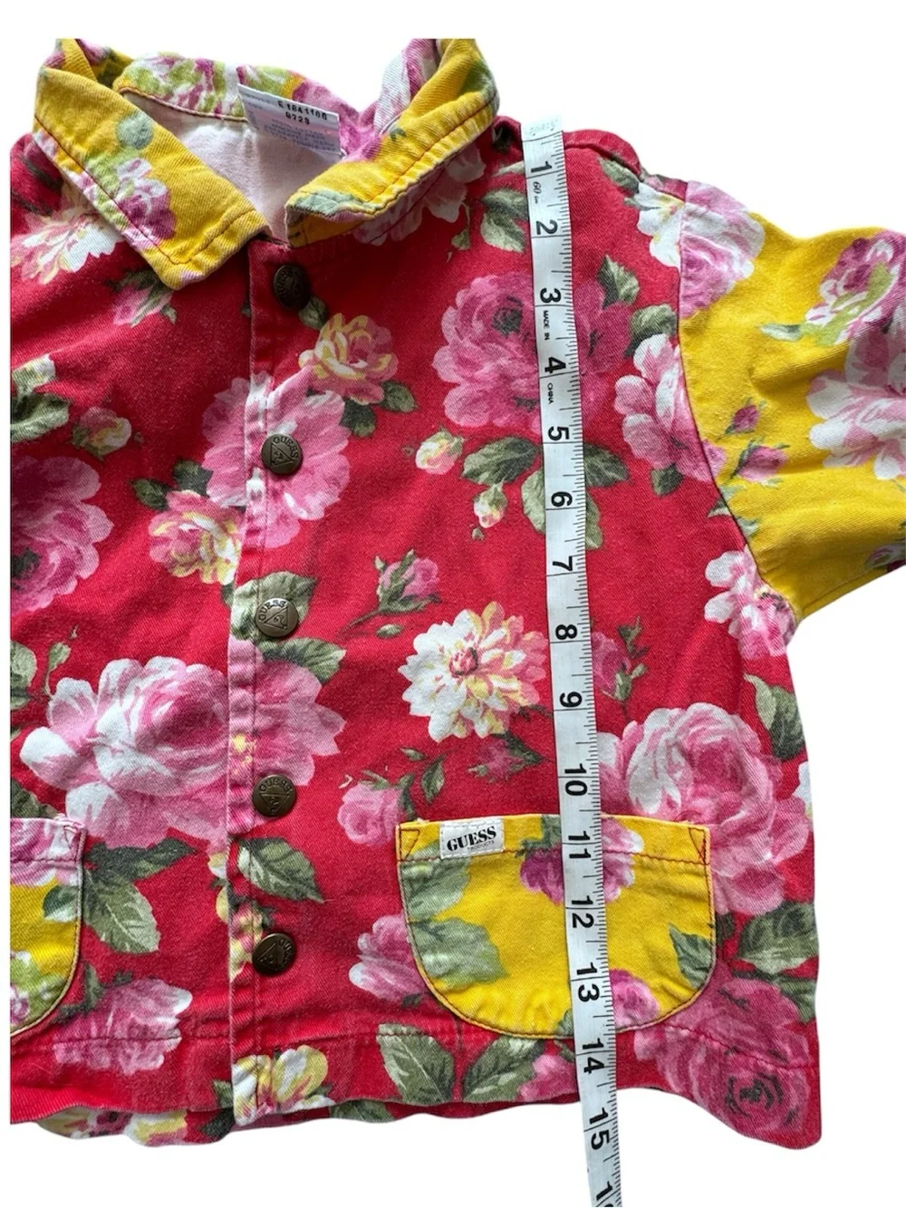 90’’s Guess Girls’ Floral Denim Two-Piece Set Shirt Skirt Red Yellow Size 6